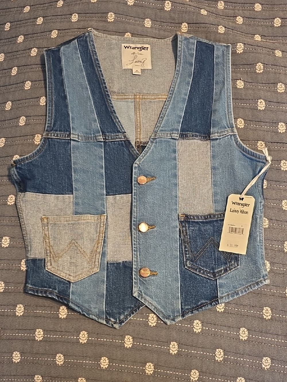 Lainey Wilson Wrangler Patchwork Denim Vest - Blue Multi